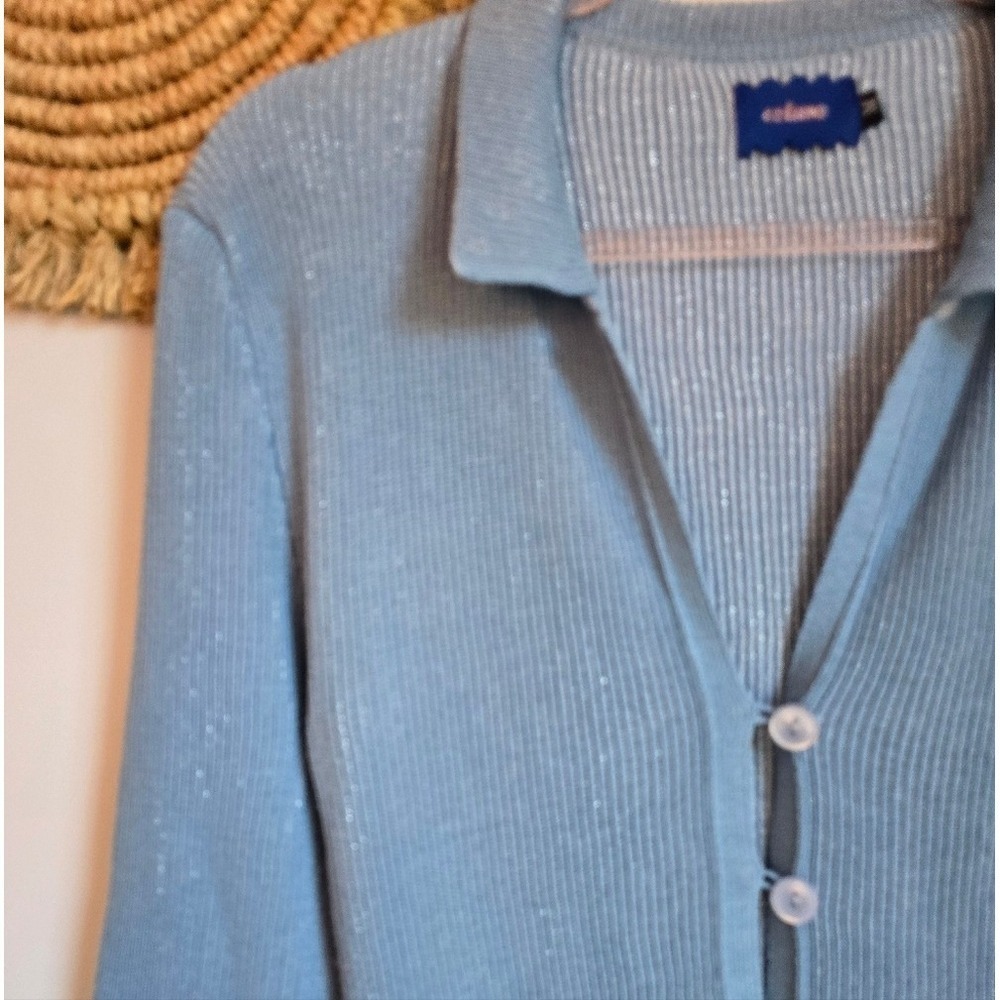 Free People x Celmo Shimmer Blue Three Button Cardi Sweater Cardigan SZ MediumY - Picture 4 of 9